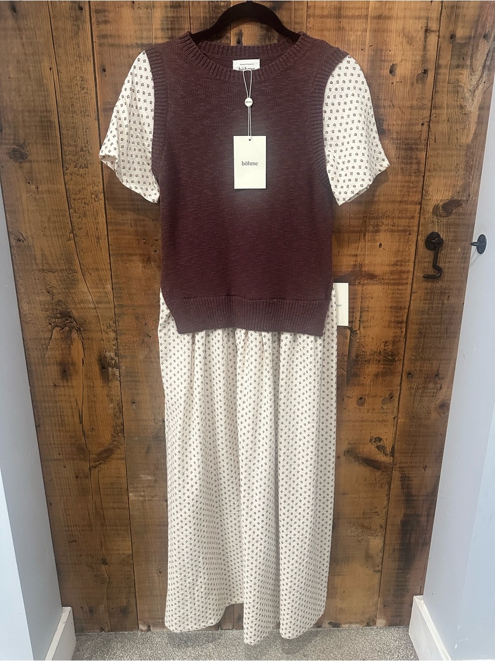 Bohme Brown Knit Vest Over Cream Printed Maxi Dress
